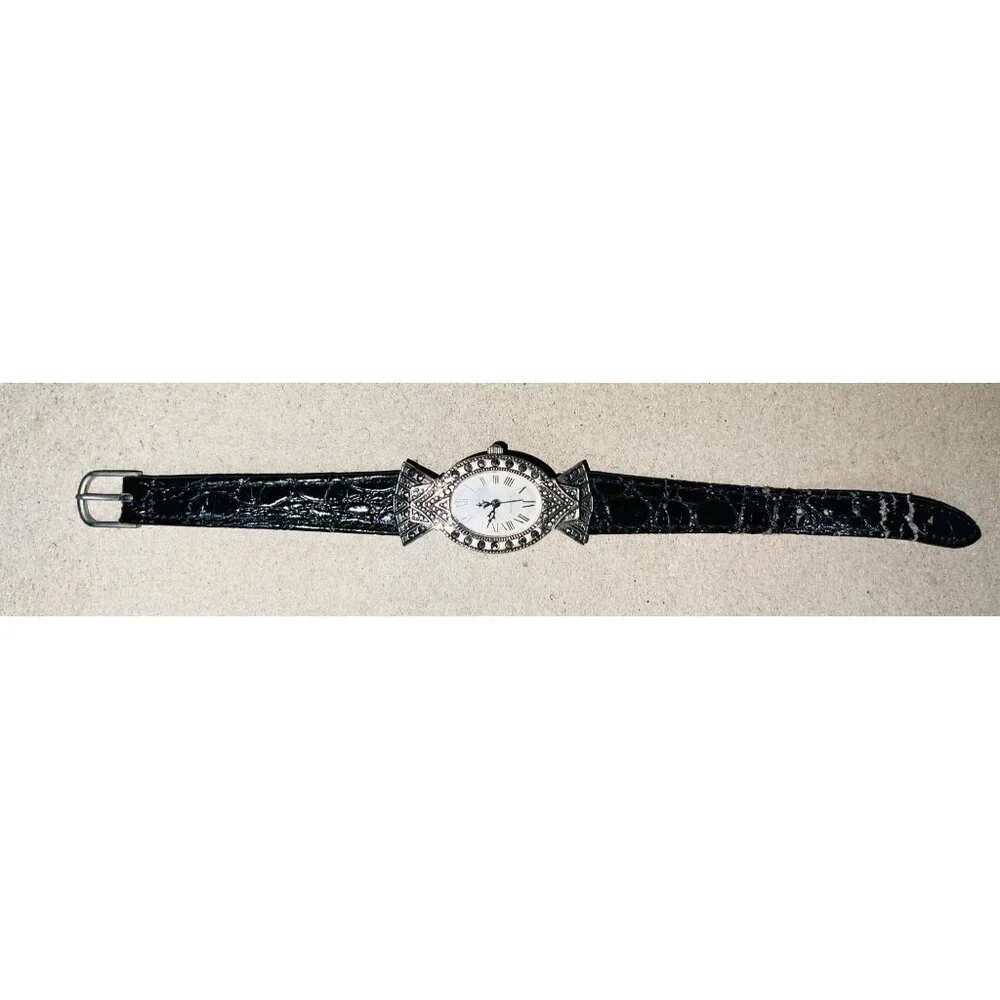 Vintage Pierre Nicol Black Leather Quartz Watch Ornate Silver-Tone Face Roman Nu - Picture 2 of 4
